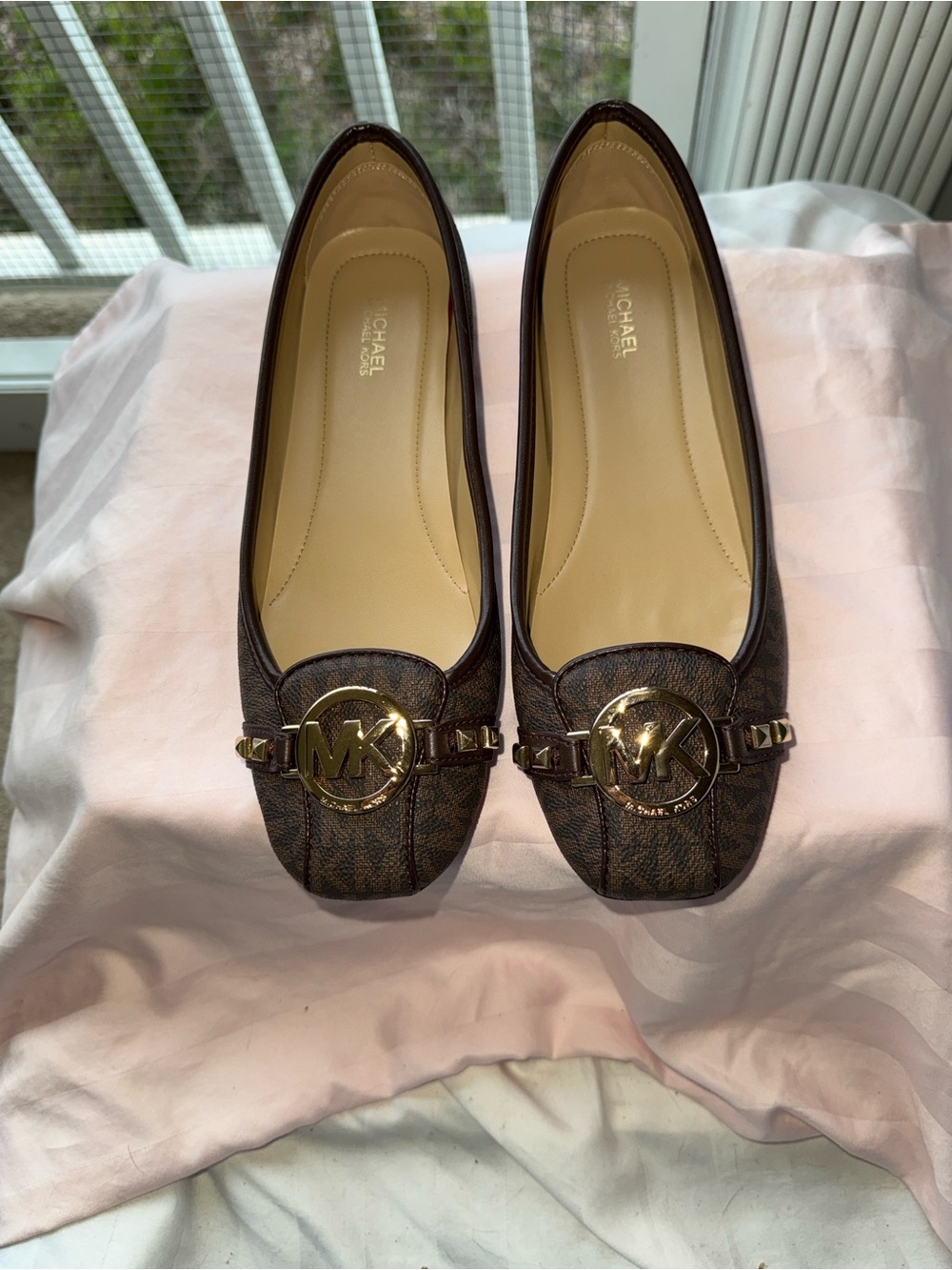 NWOT - Michael Kors Brown Logo Moccasin Flats with Gold MK Medallion